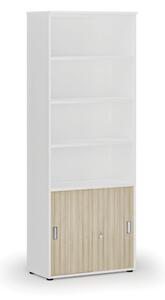 Kombinovaná kancelářská skříň PRIMO WHITE, zasouvací dveře na 2 patra, 2128 x 800 x 420 mm, bílá/dub přírodní