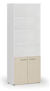 Kombinovaná kancelářská skříň PRIMO WHITE, dveře na 2 patra, 2128 x 800 x 420 mm, bílá/třešeň