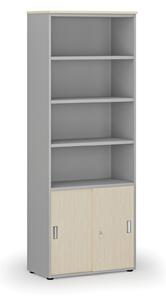 Kombinovaná kancelářská skříň PRIMO GRAY, zasouvací dveře na 2 patra, 2128 x 800 x 420 mm, šedá/buk