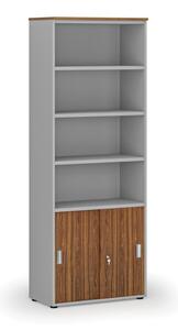 Kombinovaná kancelářská skříň PRIMO GRAY, zasouvací dveře na 2 patra, 2128 x 800 x 420 mm, šedá/ořech