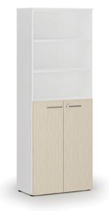 Kombinovaná kancelářská skříň PRIMO WHITE, dveře na 3 patra, 2128 x 800 x 420 mm, bílá/dub přírodní