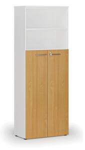Kombinovaná kancelářská skříň PRIMO WHITE, dveře na 4 patra, 2128 x 800 x 420 mm, bílá/buk