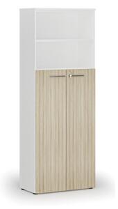 Kombinovaná kancelářská skříň PRIMO WHITE, dveře na 4 patra, 2128 x 800 x 420 mm, bílá/dub přírodní