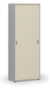 Kancelářská skříň se zasouvacími dveřmi PRIMO GRAY, 2128 x 800 x 420 mm, šedá/bříza