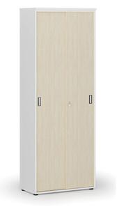 Kancelářská skříň se zasouvacími dveřmi PRIMO WHITE, 2128 x 800 x 420 mm, bílá/bříza