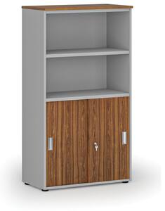 Kombinovaná kancelářská skříň PRIMO GRAY, zasouvací dveře na 2 patra, 1434 x 800 x 420 mm, šedá/ořech