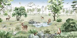 FUGU Tapeta pro děti lesní zvířátka - Deer Forest summer Materiál: Digitální eko vlies - klasická tapeta nesamolepicí