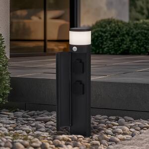 Lucande Podstavná lampa Corban, šedá, senzor, zásuvky, IP44, stmívatelný, Černá, Hliník, Moderní