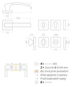 AC-T SERVIS Dveřní klika KIEL chrom/nerez - hranatá rozeta Mechanizmus rozety: Kovová konstrukce, Provedení kliky: vč. rozety WC