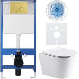 Kompletní WC set Profi/Carlito - bílá lesklá - WC tlačítko Duo/Zlatá - předstěnová instalace - 48,5x36,5 cm