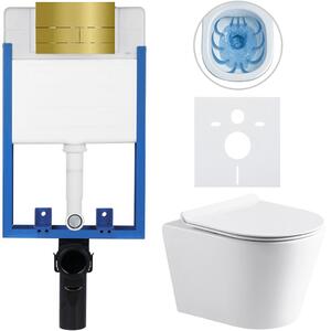 Kompletní WC set Profi/Carlito - bílá lesklá - WC tlačítko Line/Zlatá - pro zazdění - 48,5x36,5 cm