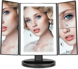 Zrcadlo s osvětlením a různými zvětšeními (1x/2x/3x), trojité, s 36 LED diodami, dotykovým ovládáním, nabíjecí přes USB, s nastavitelným stojanem o 180 stupňů