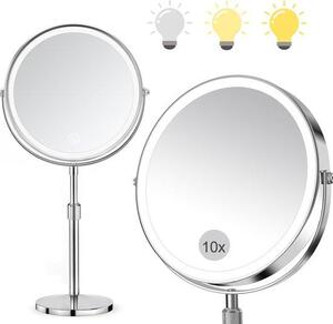 LED zrcadlo na líčení s 10x/1x zvětšením, se 3 režimy osvětlení, nastavitelnou intenzitou světla, nastavitelnou výškou a otočnou hlavou o 360° pro domácí použití