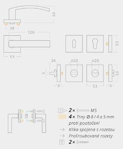 AC-T SERVIS Dveřní klika MYSTIK nerez - hranatá rozeta Mechanizmus rozety: Kovová konstrukce, Provedení kliky: vč. rozety WC