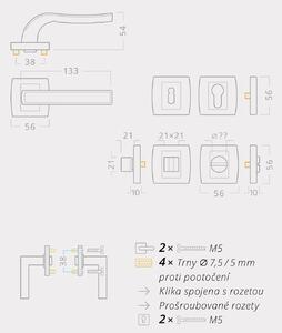 AC-T SERVIS Dveřní klika GRACIOSA chrom/nerez - hranatá rozeta Mechanizmus rozety: Kovová konstrukce, Provedení kliky: vč. rozety WC