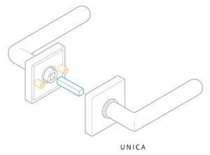AC-T SERVIS Dveřní klika UNICA nerez - hranatá rozeta Mechanizmus rozety: Kovová konstrukce, Provedení kliky: vč. rozety BB - obyčejný klíč