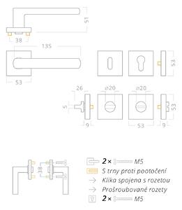 AC-T SERVIS Dveřní klika UNICA nerez - hranatá rozeta Mechanizmus rozety: Kovová konstrukce, Provedení kliky: vč. rozety WC