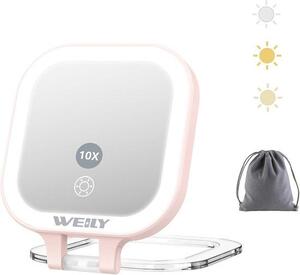 WEILY Zrcadlo se zabudovaným osvětlením, zvětšení 1x/10x, cestovní zrcadlo s oboustrannou konstrukcí, kosmetické zrcadlo se 3 barevnými světly, nabíjení přes USB, přenosné