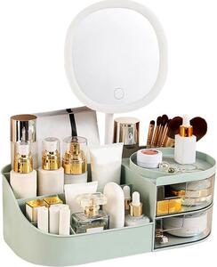 Organizér na make-up se zabudovaným nabíjecím zrcátkem, osvětlené make-up zrcátko s 3 režimy osvětlení, organizér na kosmetiku se 2 zásuvkami, úložný prostor na produkty péče o pleť