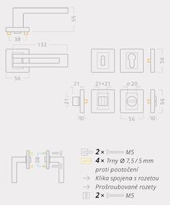 AC-T SERVIS Dveřní klika DAFNIS matný nikl - hranatá rozeta Mechanizmus rozety: Kovová konstrukce, Provedení kliky: vč. rozety WC