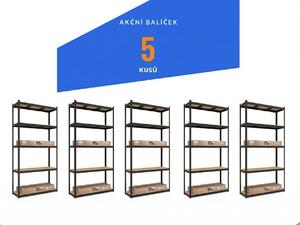 Akční balíček - 5x Kovový regál 160x80x40cm, lakovaný - černý, 4-policový, nosnost 700kg SMARTREGALY