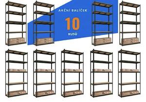 Akční balíček - 10x Kovový regál 150x70x30cm, lakovaný - černý, 4-policový, nosnost 700kg SMARTREGALY