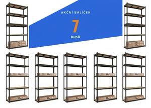 Akční balíček - 7x Kovový regál 160x80x40cm, lakovaný - černý, 4-policový, nosnost 700kg SMARTREGALY