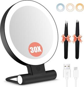 Kosmetické zrcadlo s osvětlením, 1x/30x zvětšení, oboustranné, s baterií 2000 mAh, 3 režimy barevného osvětlení, nastavitelná intenzita, skládací a kompaktní cestovní zrcadlo
