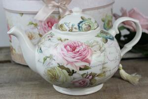Bílý čajník s motivem růží v dárkové krabičce
