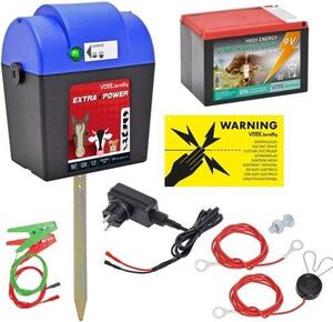 Sada elektrického plotu "Extra Power", 9V, včetně baterie, síťového adaptéru a připojovacích kabelů, určená pro mobilní oplocení