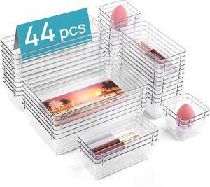 Sada 44 kusů organizérů do zásuvek, průhledné plastové úložné boxy ve 4 velikostech, vhodné pro kosmetiku, kuchyňské náčiní, kancelářské potřeby a další