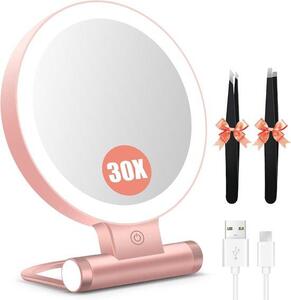 Zrcadlo s osvětlením, oboustranné, s 1x a 30x zvětšením, baterie 2000 mAh, 3 barvy světla, nastavitelná intenzita, skládací, kompaktní, vhodné pro cestování