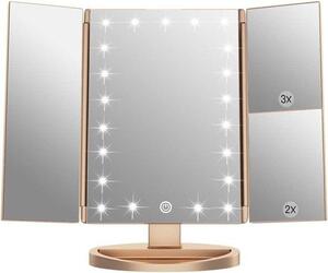 Zrcadlo do koupelny s osvětlením, s různými stupni zvětšení (1x/2x/3x), 21 LED diodami, dotykovým ovládáním, nastavitelným osvětlením, zlaté barvy, ideální pro líčení, kosmetiku a běžné použití