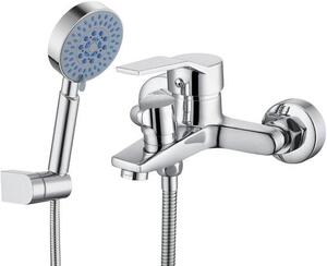 Baterie pro vanu s ruční sprchou, mosazná směšovací baterie pro vanu s 5 funkcemi, nástěnná baterie pro vanu, vodovodní baterie pro vanu včetně držáku na zeď a 150 cm sprchové hadice, chrom