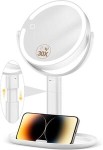 Kosmetické zrcadlo s osvětlením, průměr 7 palců, výškově nastavitelné, oboustranné, s 30násobným zvětšením, 3 barvami světla, 64 LED diodami, ideální