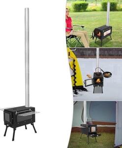 Přenosný krb na dřevo pro stan – Krb s komínem, výška 1,34 m – rozměry 40x53x34,5 cm – nerezová ocel – vhodný pro kempování a použití venku