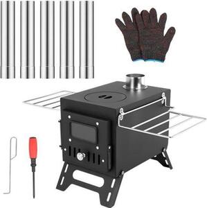 Krbová kamna s 5 komíny - hmotnost 7,45 kg - ocel s vysokým obsahem uhlíku - průhledné okénko - venkovní topení - grily