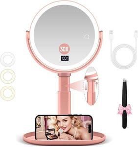 Kosmetické zrcadlo s osvětlením, 30x zvětšení, oboustranné, zvětšovací zrcadlo na make-up s nastavitelným světelným režimem a výškou, růžové zlato, pro použití doma