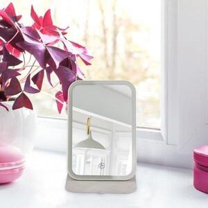 Přenosné LED zrcadlo na make-up, nabíjecí, s 3 barvami světla – ultra tenké stolní zrcadlo – stojací skládací zrcadlo v růžové pouzdro z umělé kůže