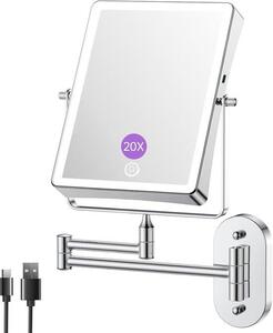 Nabíjecí kosmetické zrcátko s 1x/10x zvětšením, 3 úrovněmi intenzity osvětlení, dotykovým ovládáním, otočné o 360° pro montáž na zeď, vhodné pro holení a líčení