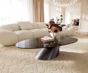 DELIFE Konferenční stolek Edge oválný 140x75 cm keramika Laminam® Emperador Extra Lucidato tmavě hnědá Conis Metallic stříbrná