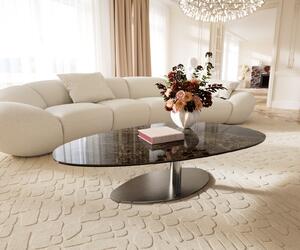 DELIFE Konferenční stolek Edge oválný 140x75 cm keramika Laminam® Emperador Extra Lucidato tmavě hnědá Vibany nerezová ocel broušená