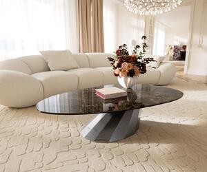DELIFE Konferenční stolek Edge oválný 140x75 cm keramika Laminam® Emperador Extra Lucidato tmavě hnědá Parabi Metallic stříbrná