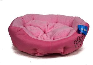 Růžový pelíšek pro psa - 45x40 cm (Oválný psí pelíšek v zajímavé barevné kombinace pro menší plemena. Je vyroben ze šusťákoviny a umělé kožešiny.)