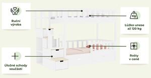 Dřevěná patrová postel SIESTA s úložnými schody 90x200 cm - Bílá - Šedá, Zvolte šuplík: Úložný šuplík, Zvolte stranu: Vpravo