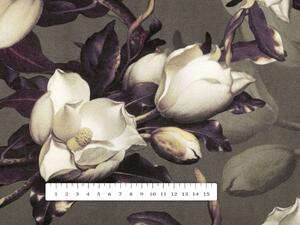 Sametová látka Tamara TMR-034 Květy gardénie na hnědošedém - šířka 140 cm