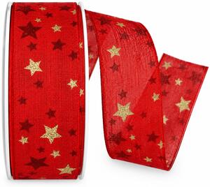 Stuha vánoční CELESTIAL RED červená se zlatými hvězdami 40mm x 20m