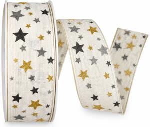 Stuha vánoční CELESTIAL WHITE bílá se zlatými hvězdami 40 mm × 20 m