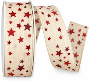 Stuha vánoční CELESTIAL CREME krémová s červenými hvězdami 40mm x 20m