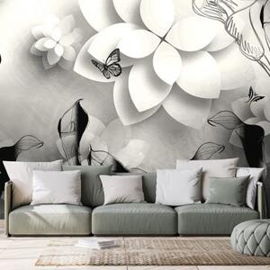 Samolepící tapeta černobílé abstraktní květiny - 375x250 cm